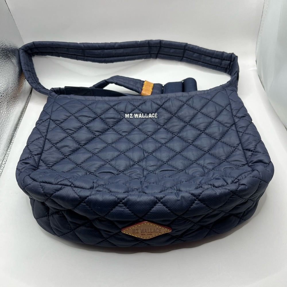 MZ Wallace Quilted Navy Blue Shoulder/Crossbody Bag with Tan Leather Trim
